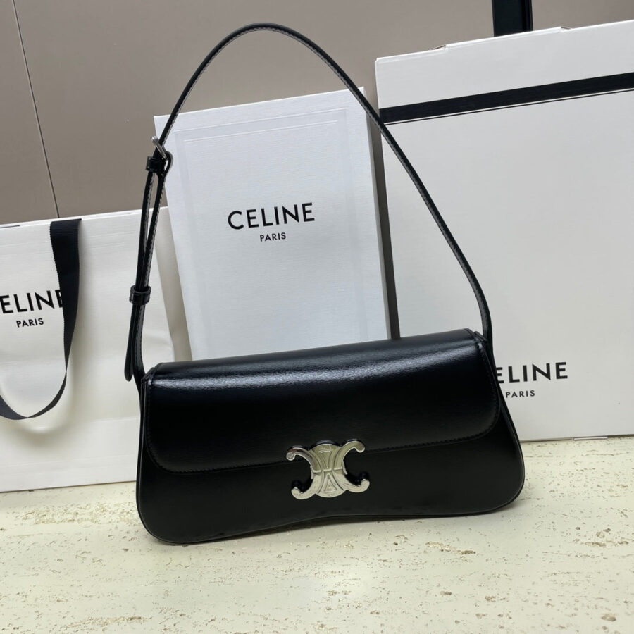 LOLA BAGUETTE BAG 28 IN BLACK SHINNY CALFSKIN | Studio Nafay