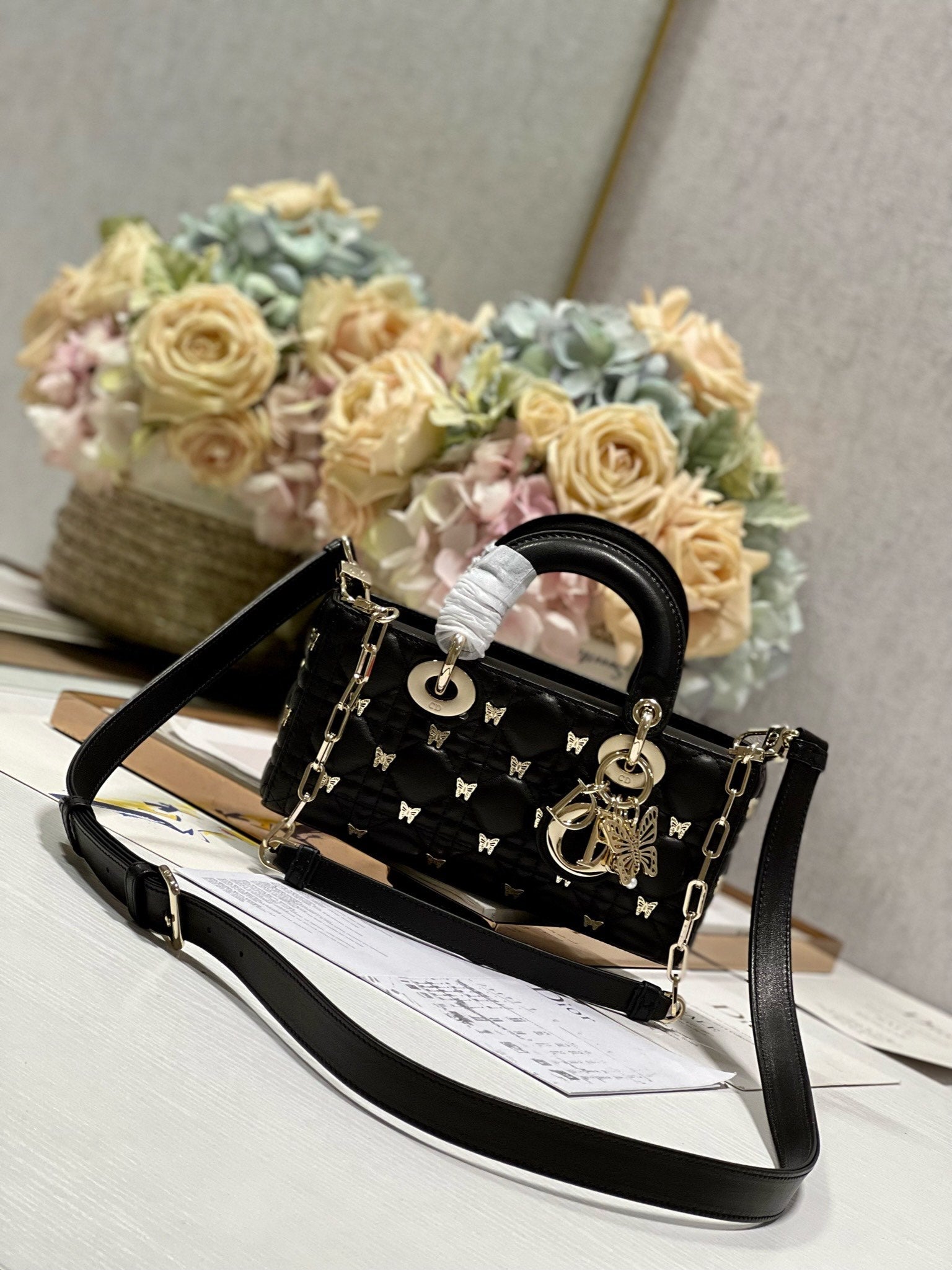 Small LADY D-joy 22 Butterfly STUD Black Lambskin