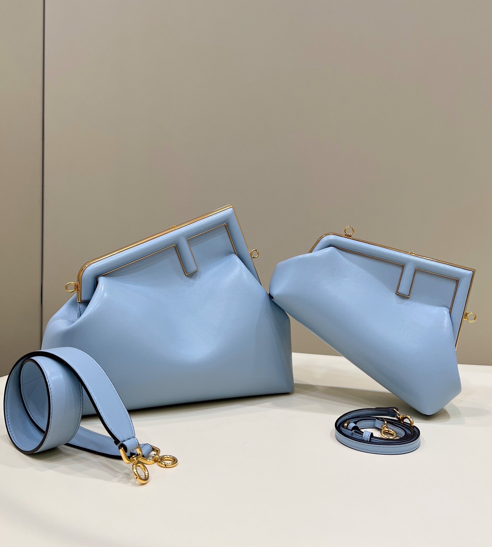 Fendi First Small 32 IN Light BLUE Nappa Leather BAG GOLD Hardware